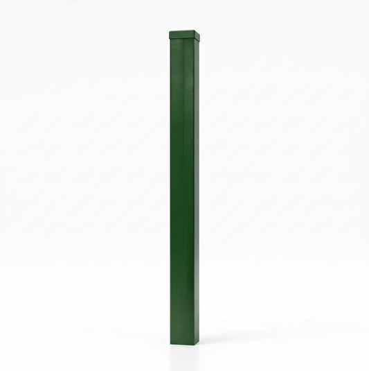 Poste de acero galvanizado verde de 2,60m con perfil cuadrado de 60x60mm para cierres perimetrales y paneles de reja 3D.